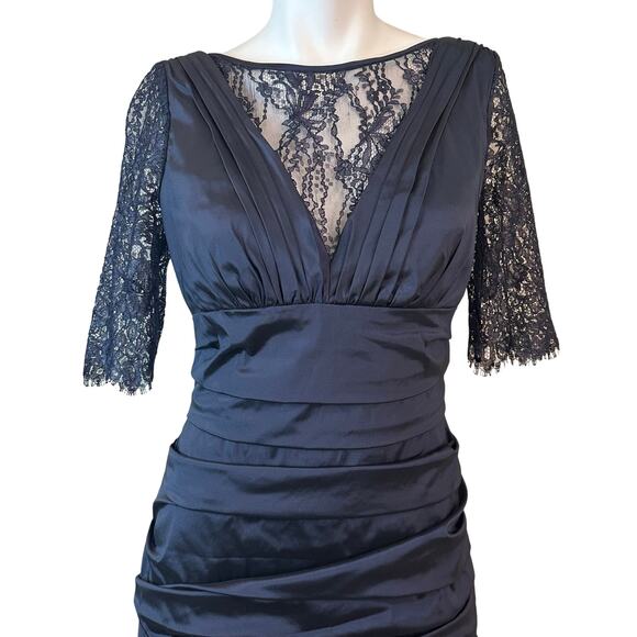 Theia Lace Sleeve Ruched Evening Dress 881865 Midnight Blue Mermaid Gown $748 8 - Picture 4 of 15